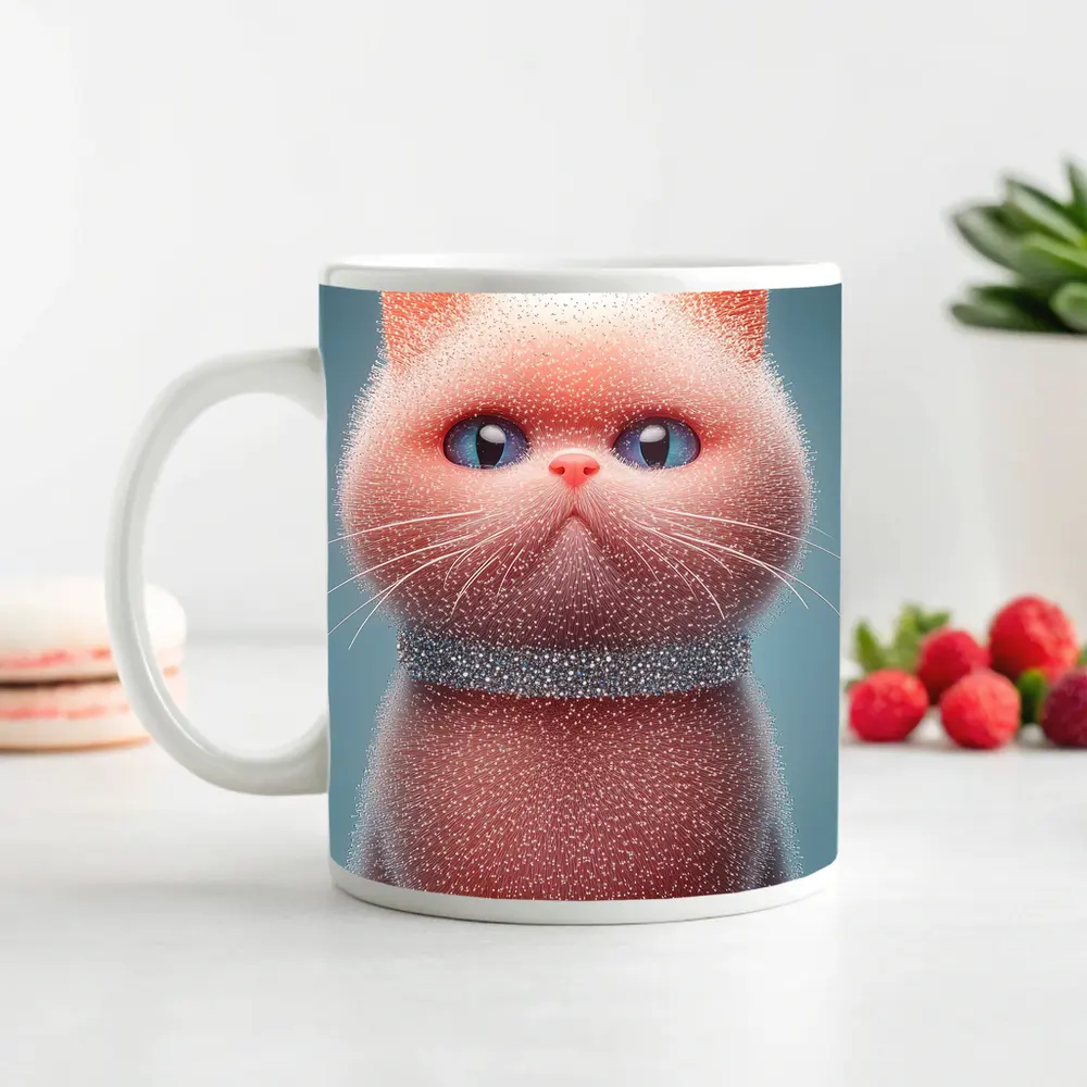 Fluffy Pink Kitten Sparkling Glitter Blue Background – Mugs