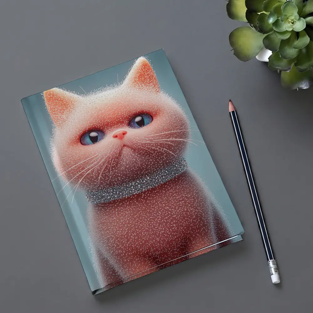 Fluffy Pink Kitten Sparkling Glitter Blue Background – Notebooks