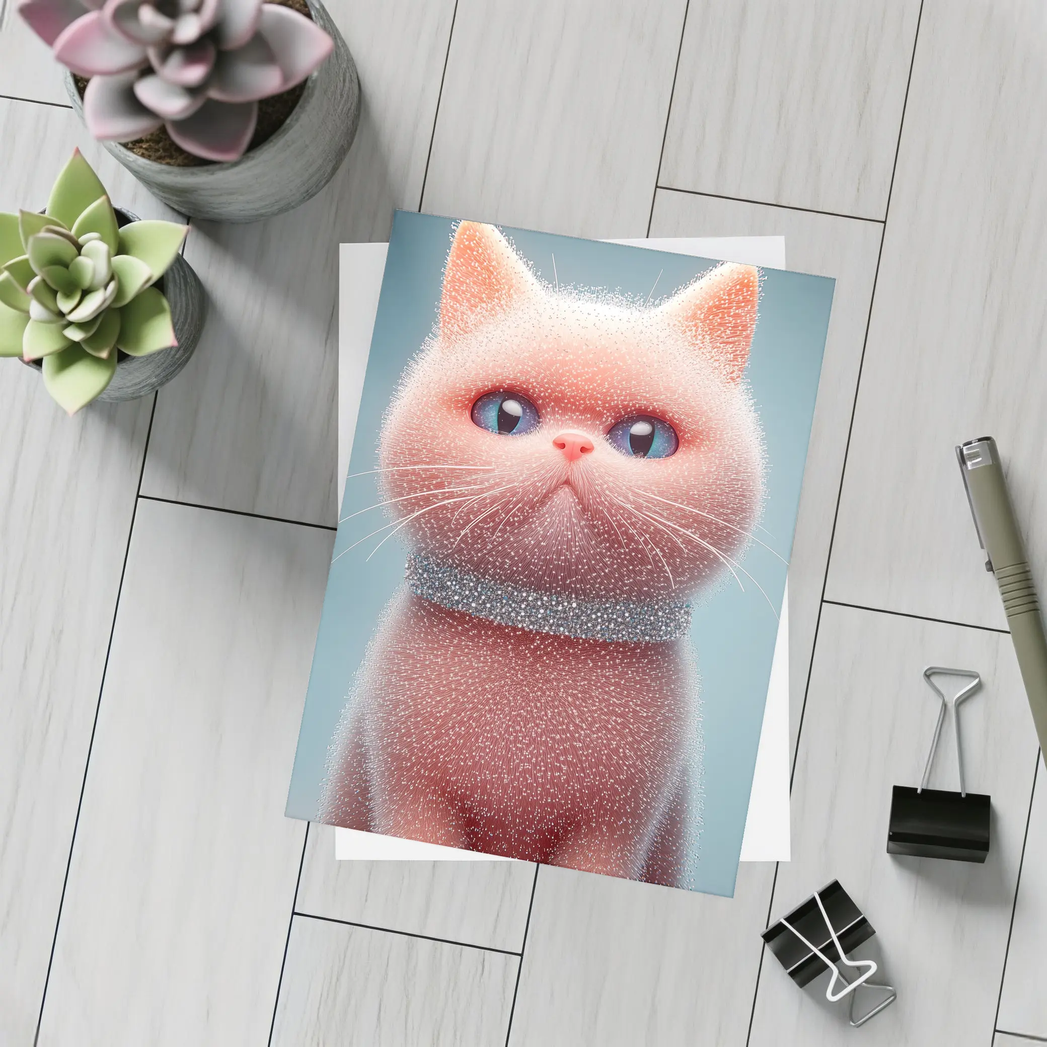 Fluffy Pink Kitten Sparkling Glitter Blue Background – Postcards