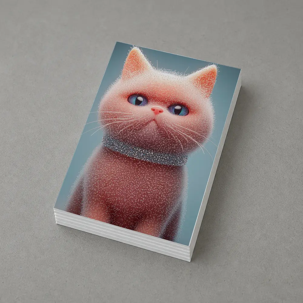 Fluffy Pink Kitten Sparkling Glitter Blue Background – Postcards