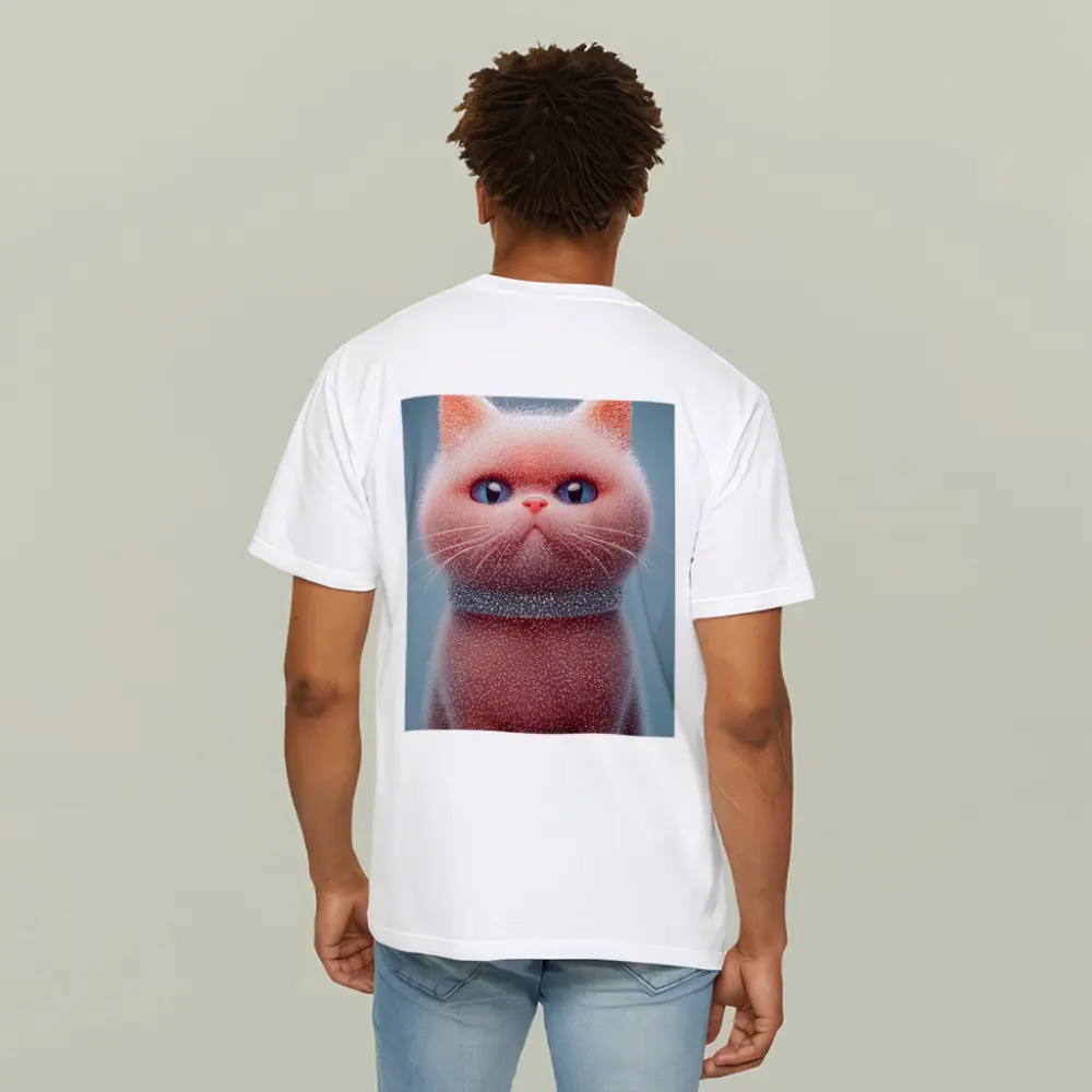 Fluffy Pink Kitten Sparkling Glitter Blue Background – T-Shirts
