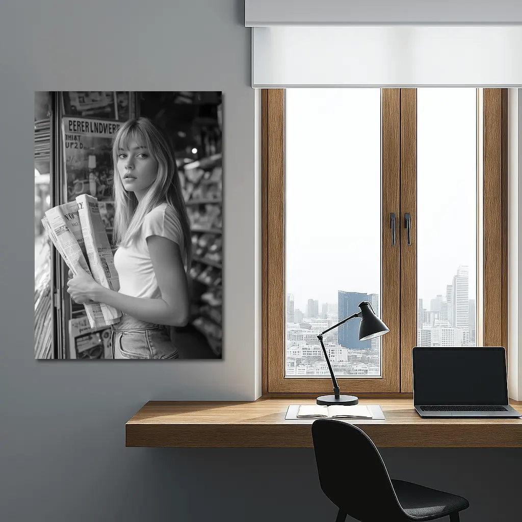 Young Woman Newspaper Stand Black White Street – Wall Art