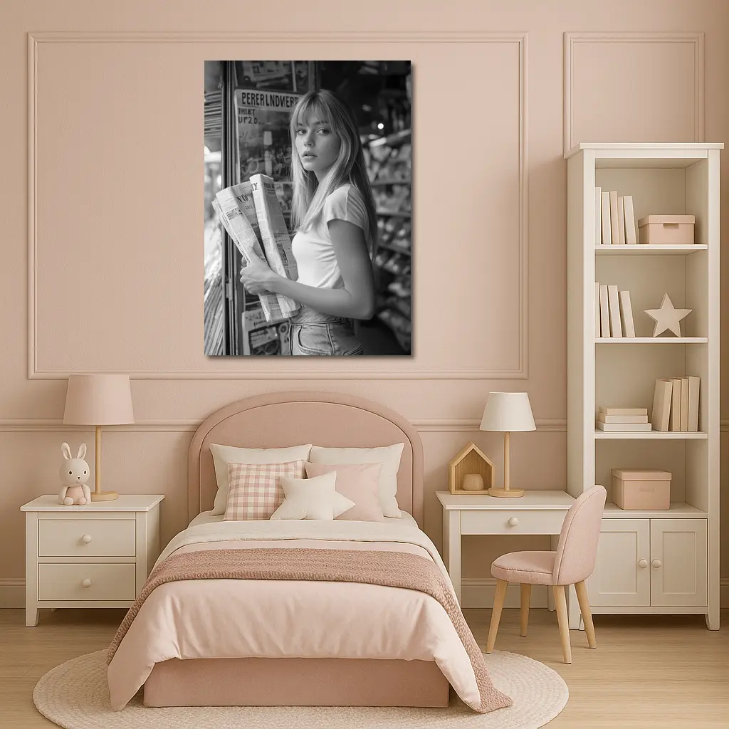 Young Woman Newspaper Stand Black White Street – Wall Art