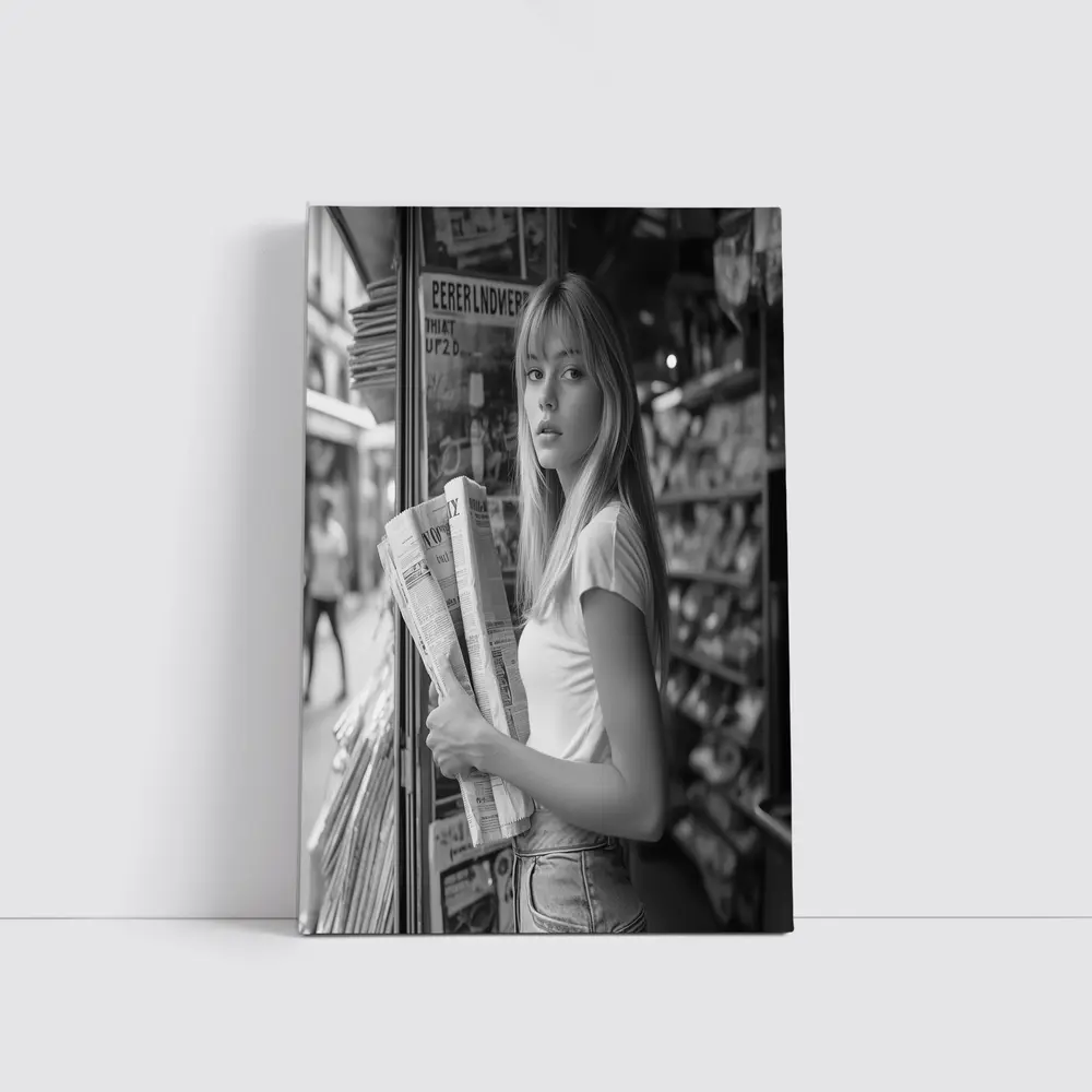 Young Woman Newspaper Stand Black White Street – Wall Art