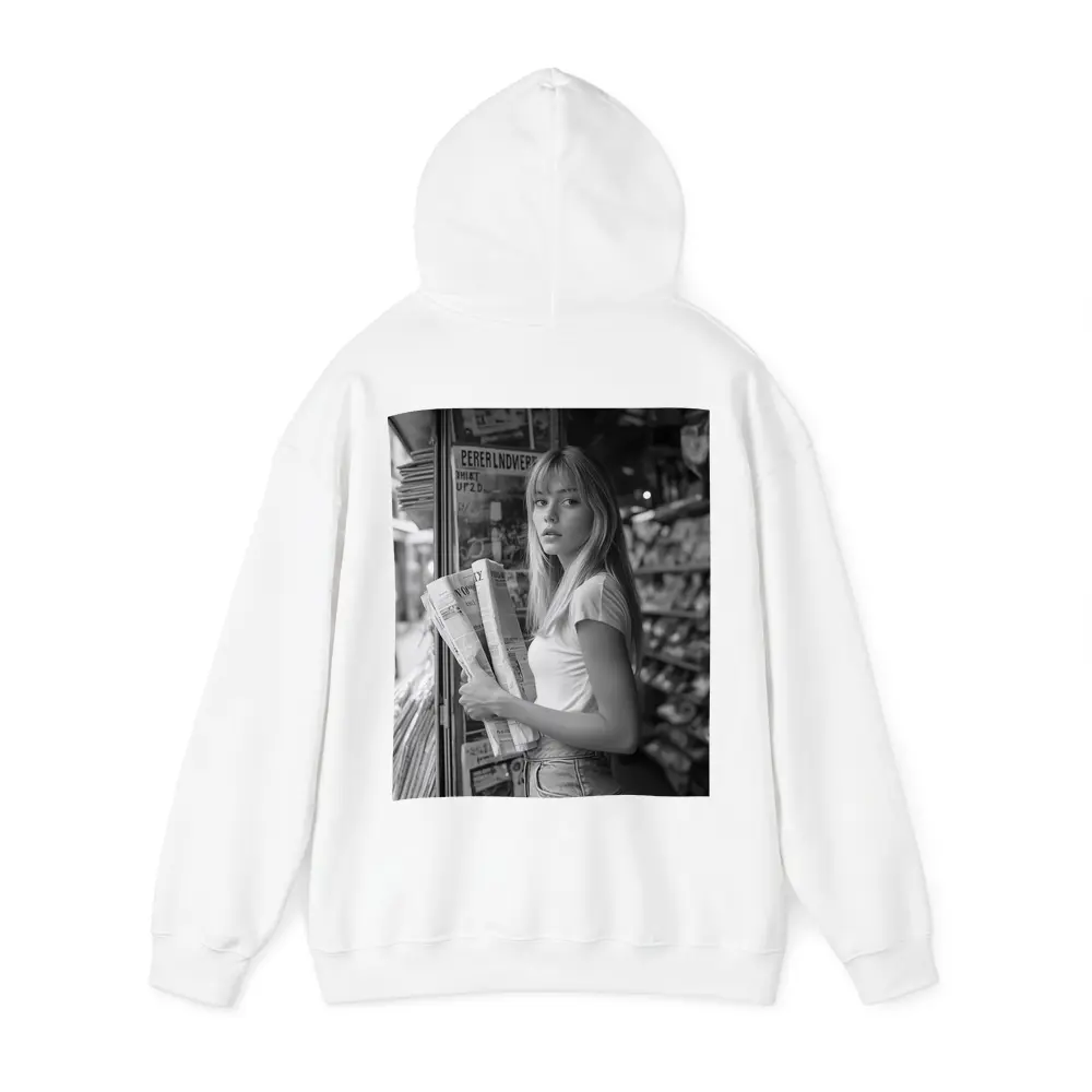 Young Woman Newspaper Stand Black White Street – Hoodies