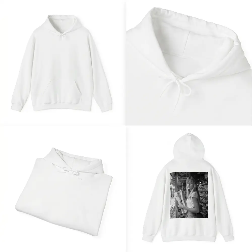 Young Woman Newspaper Stand Black White Street – Hoodies