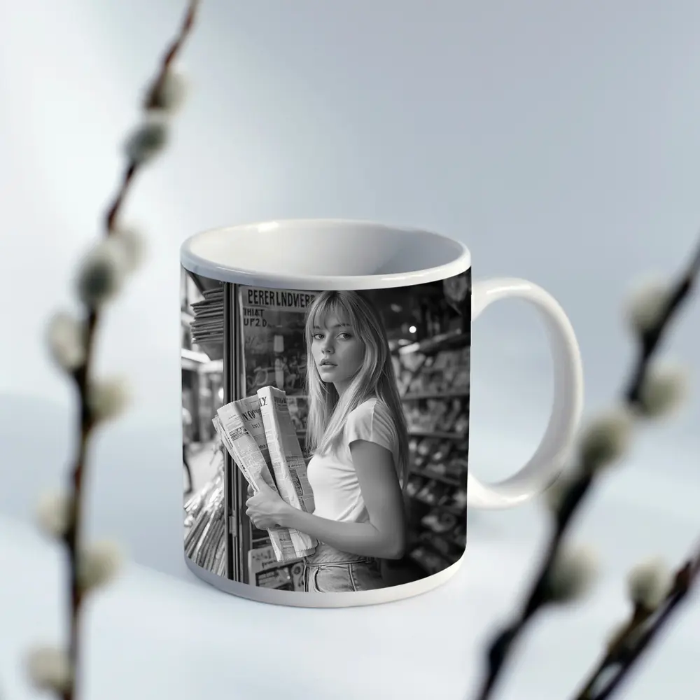 Young Woman Newspaper Stand Black White Street – Mugs