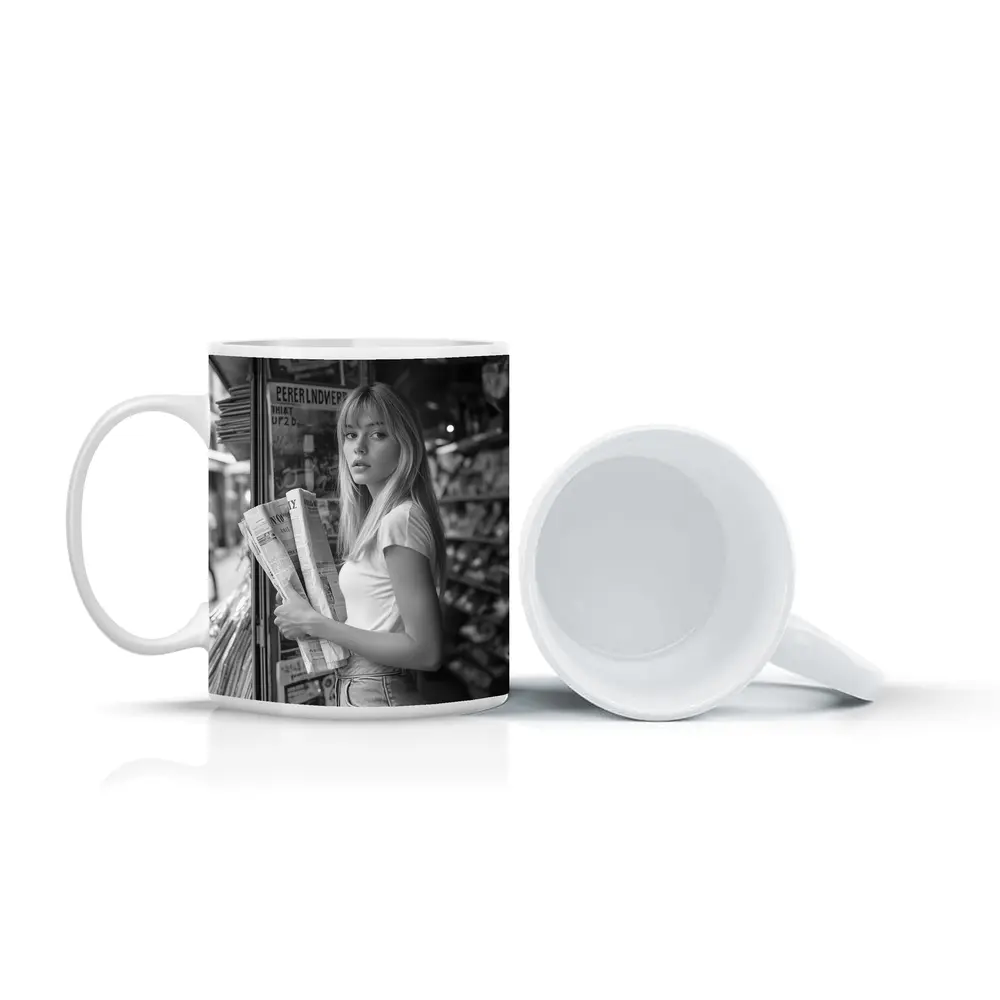 Young Woman Newspaper Stand Black White Street – Mugs