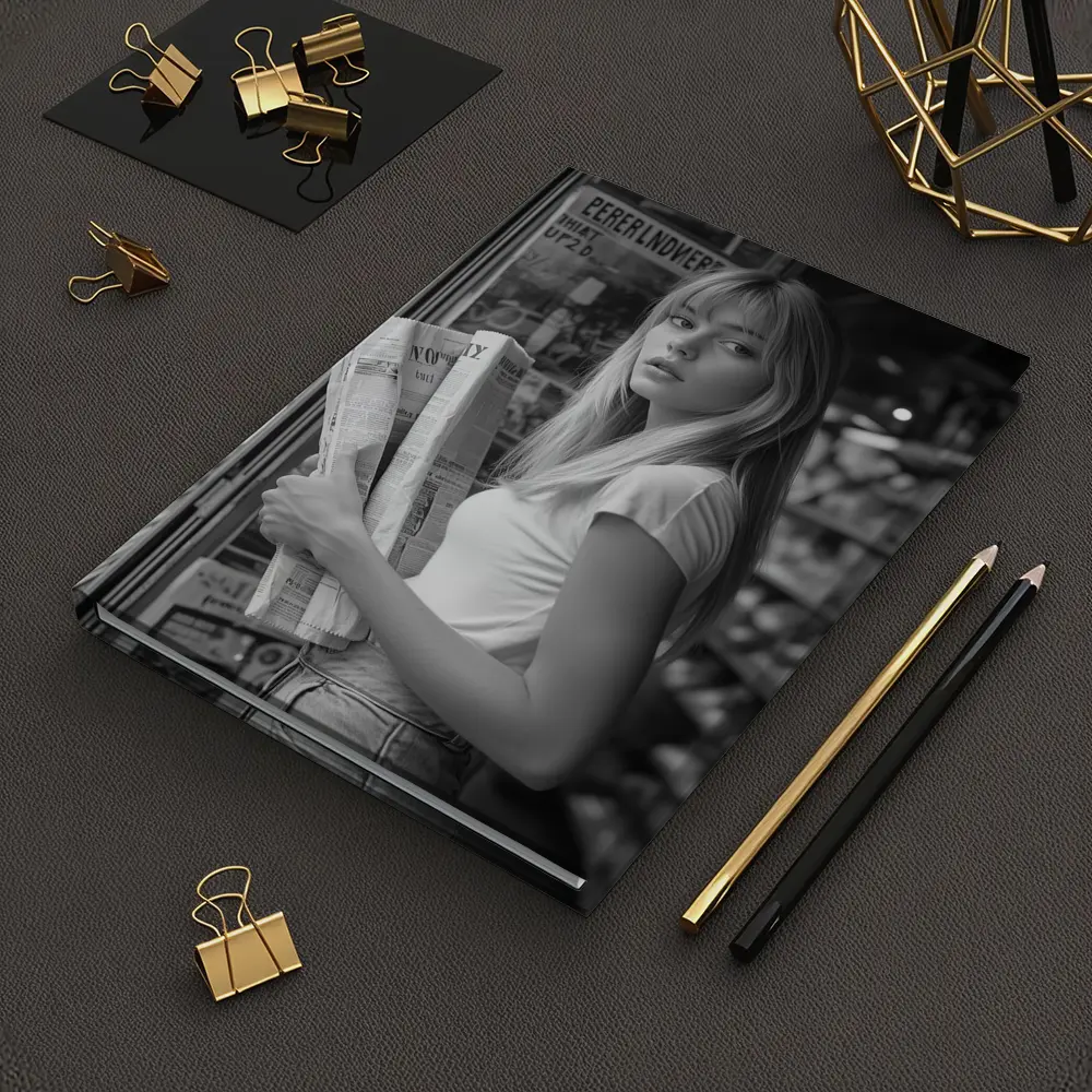 Young Woman Newspaper Stand Black White Street – Notebooks