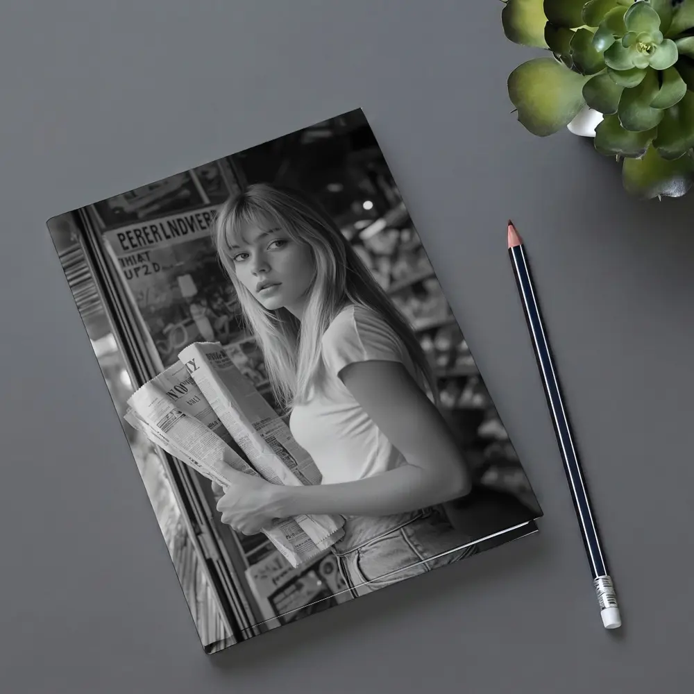 Young Woman Newspaper Stand Black White Street – Notebooks
