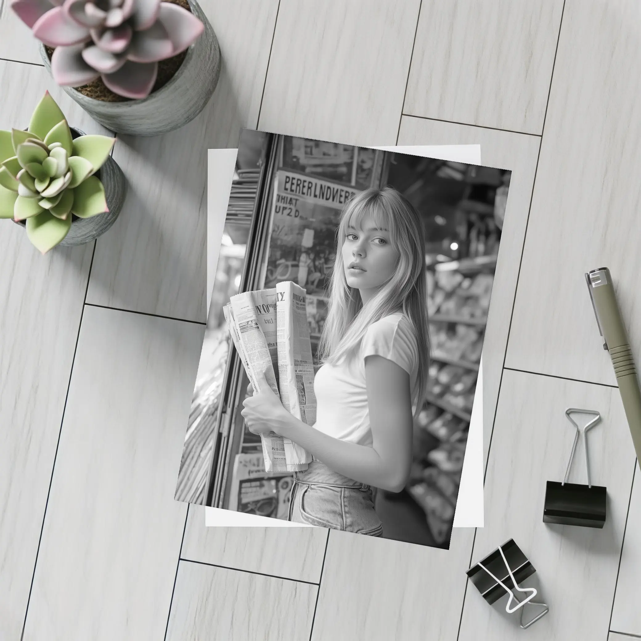 Young Woman Newspaper Stand Black White Street – Postcards