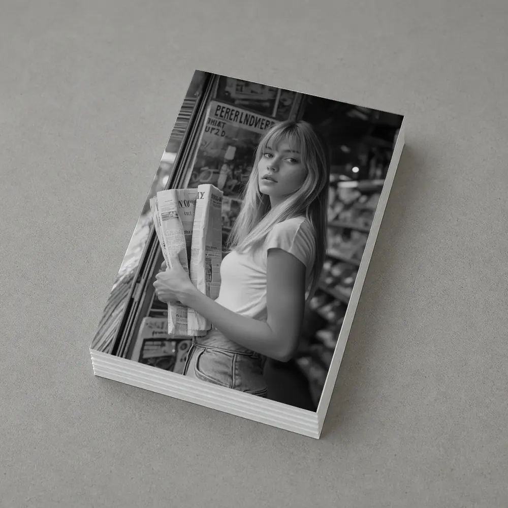 Young Woman Newspaper Stand Black White Street – Postcards