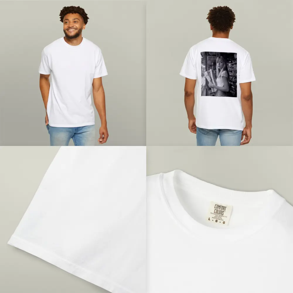 Young Woman Newspaper Stand Black White Street – T-Shirts