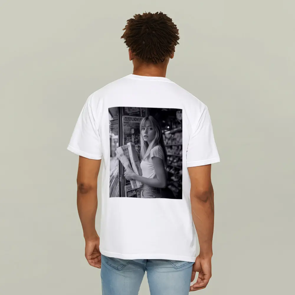 Young Woman Newspaper Stand Black White Street – T-Shirts