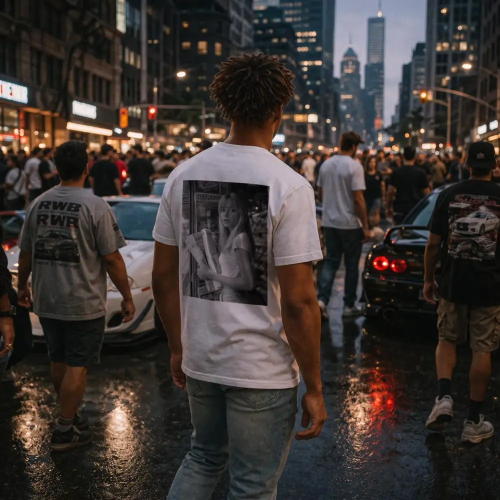 Young Woman Newspaper Stand Black White Street – T-Shirts