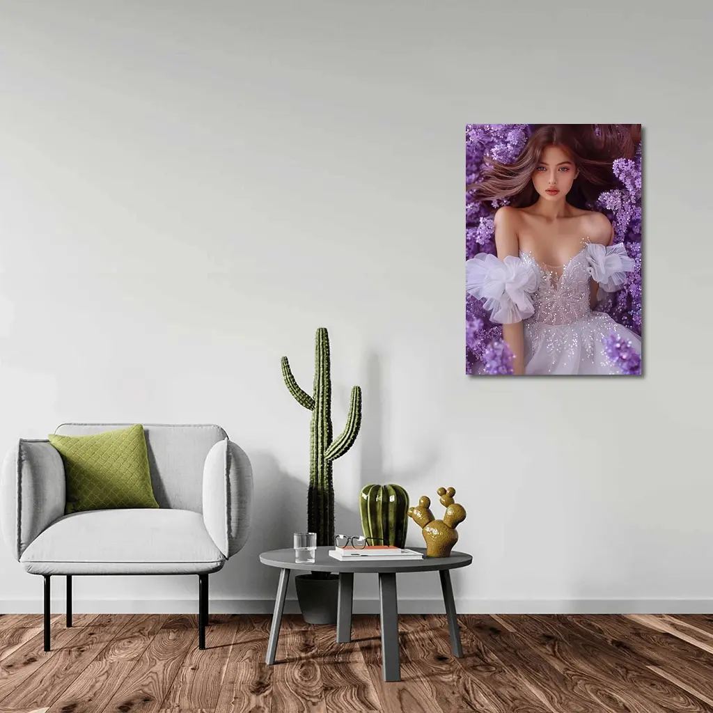 Woman White Gown Surrounded By Purple Flowers – Wall Art
