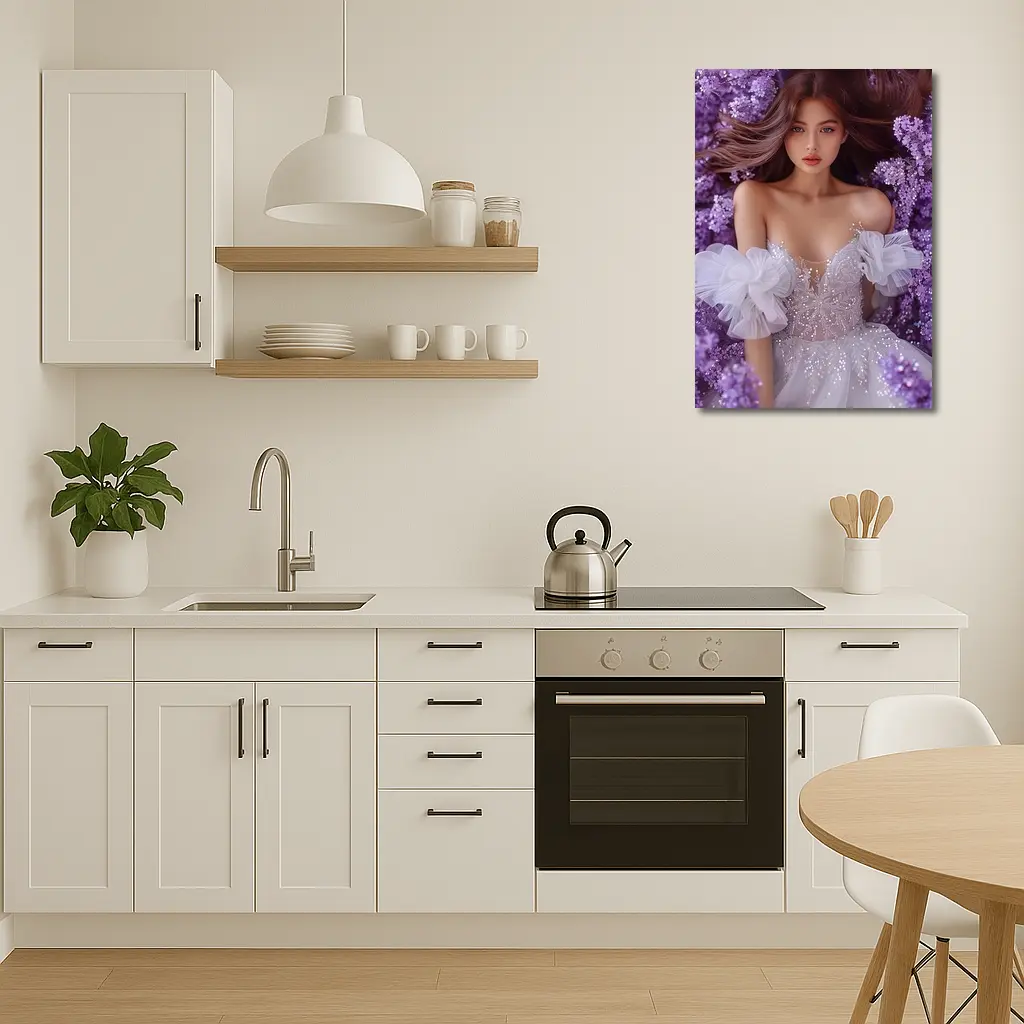 Woman White Gown Surrounded By Purple Flowers – Wall Art