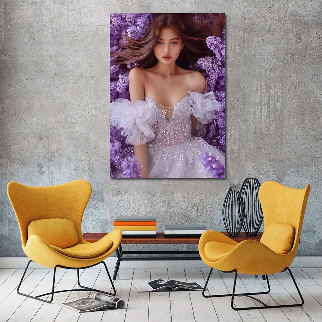 Woman White Gown Surrounded By Purple Flowers – Wall Art