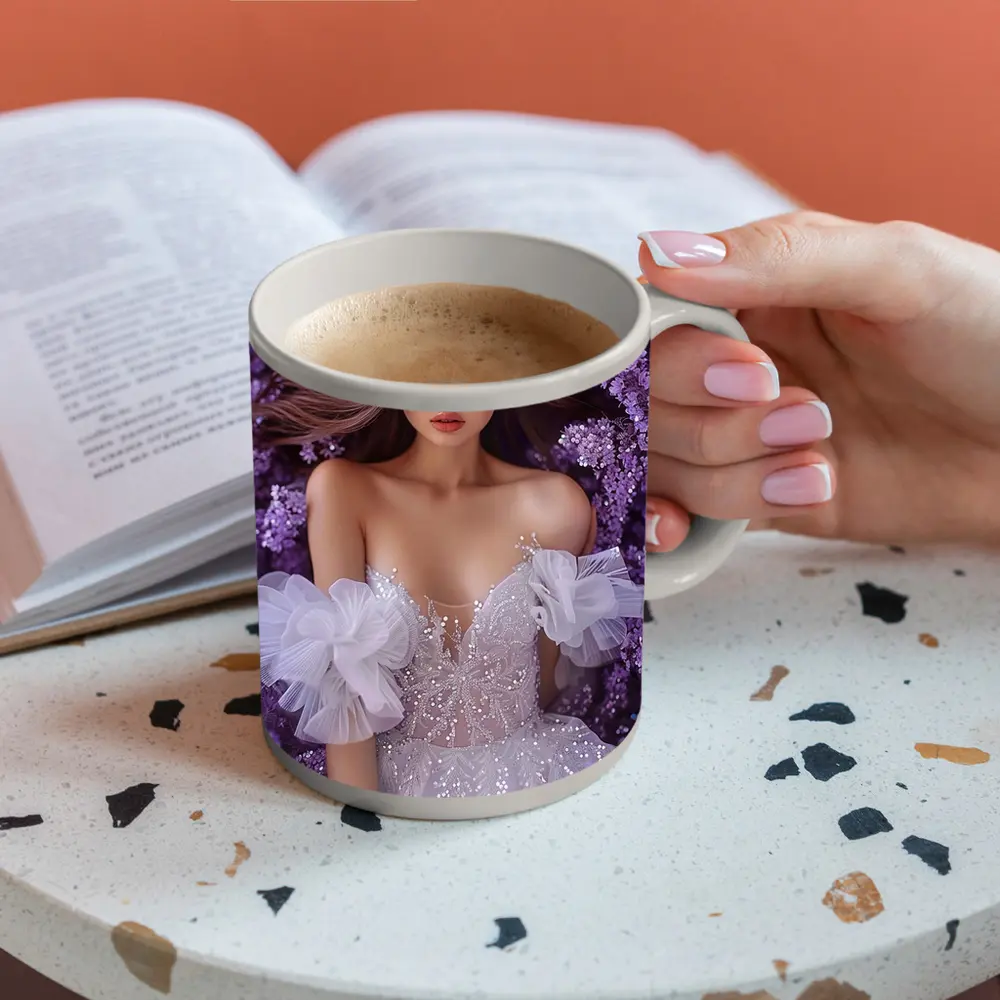Woman White Gown Surrounded By Purple Flowers – Mugs