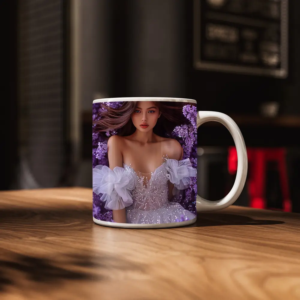 Woman White Gown Surrounded By Purple Flowers – Mugs