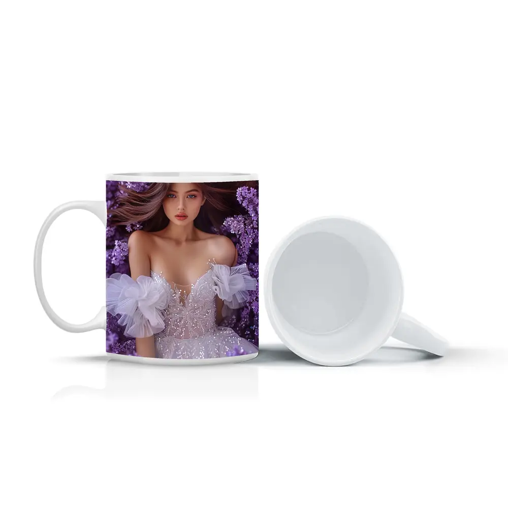 Woman White Gown Surrounded By Purple Flowers – Mugs