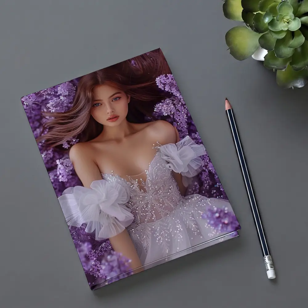 Woman White Gown Surrounded By Purple Flowers – Notebooks