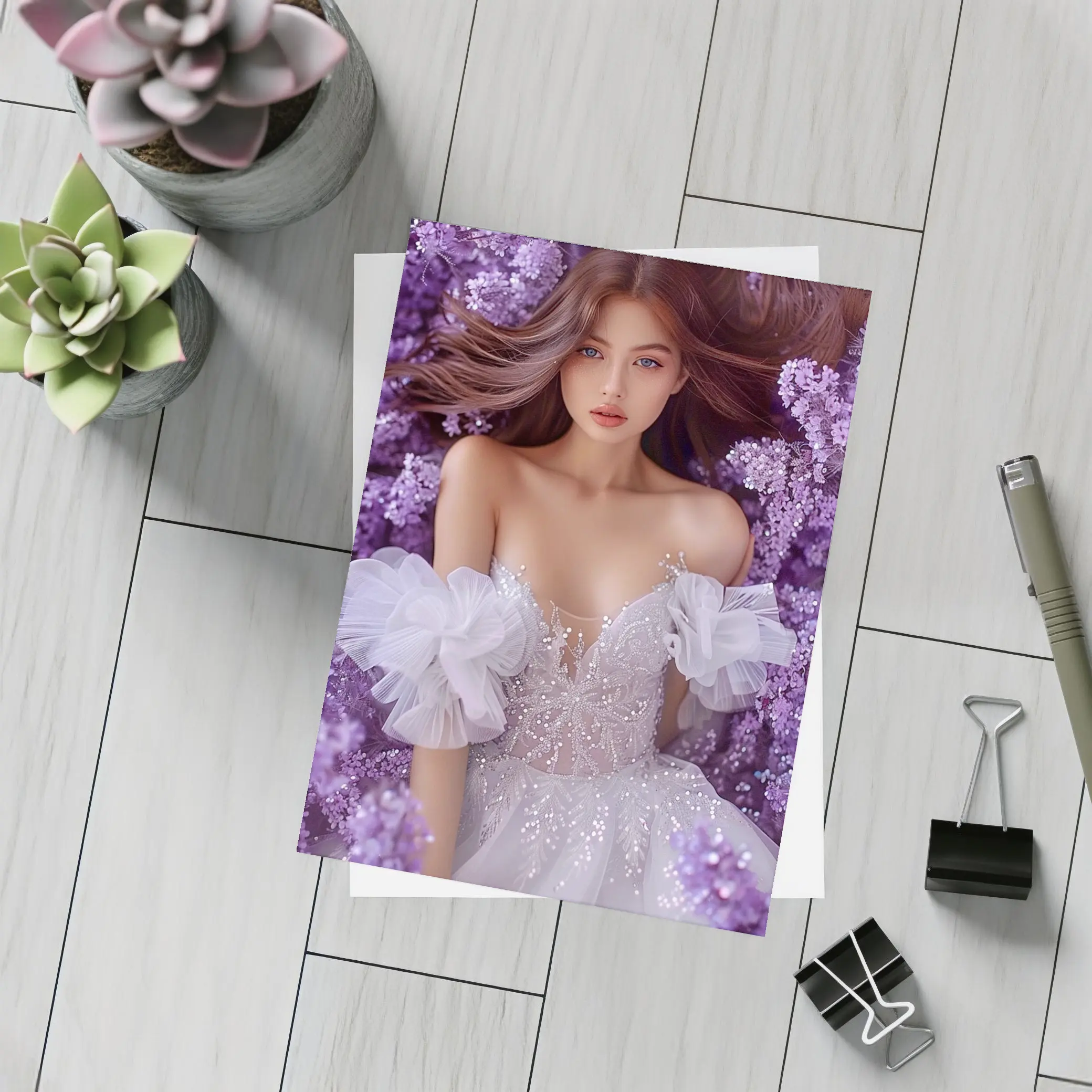 Woman White Gown Surrounded By Purple Flowers – Postcards