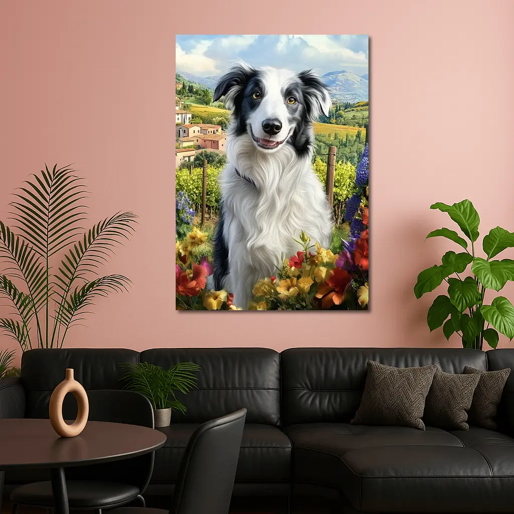 Border Collie Dog Tuscany Vineyard Flowers – Wall Art