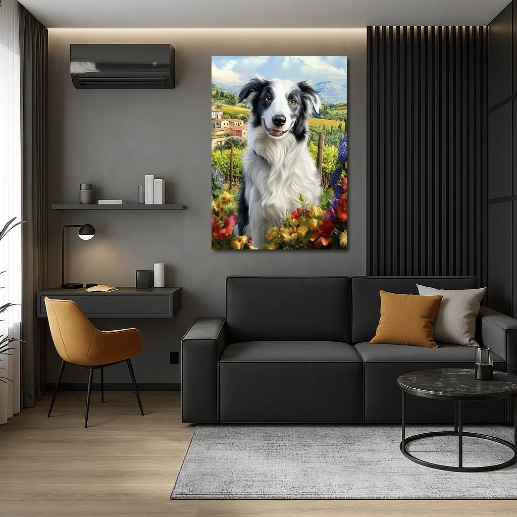 Border Collie Dog Tuscany Vineyard Flowers – Wall Art