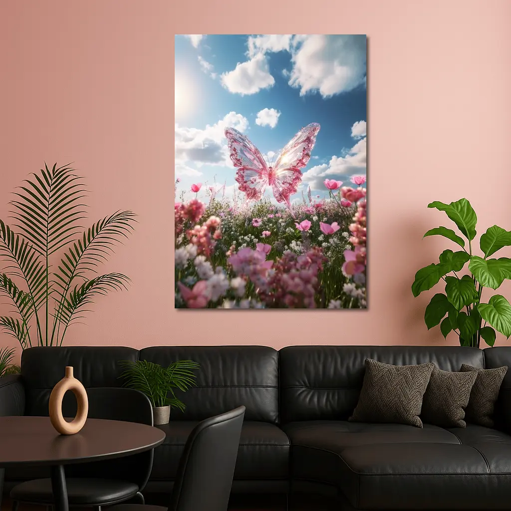 Crystal Butterfly Pink Flowers Blue Sky – Wall Art