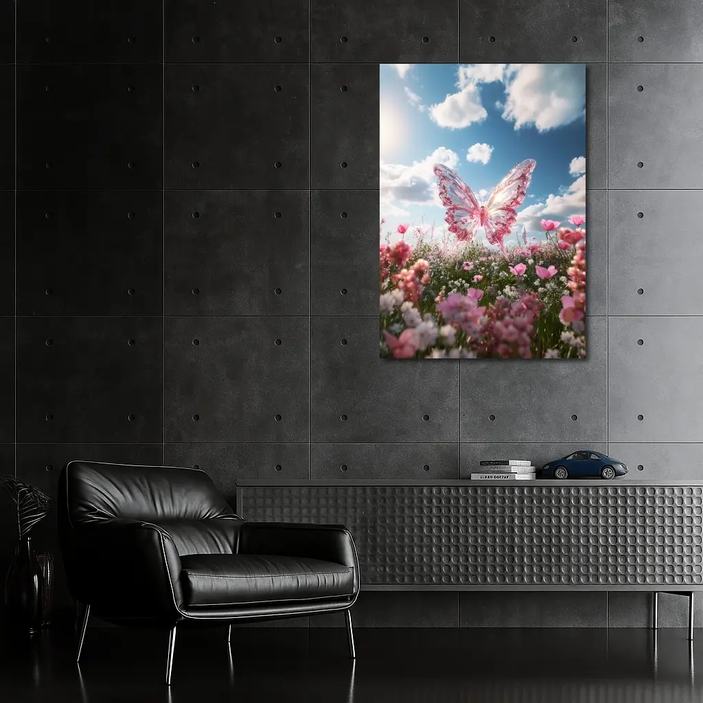 Crystal Butterfly Pink Flowers Blue Sky – Wall Art