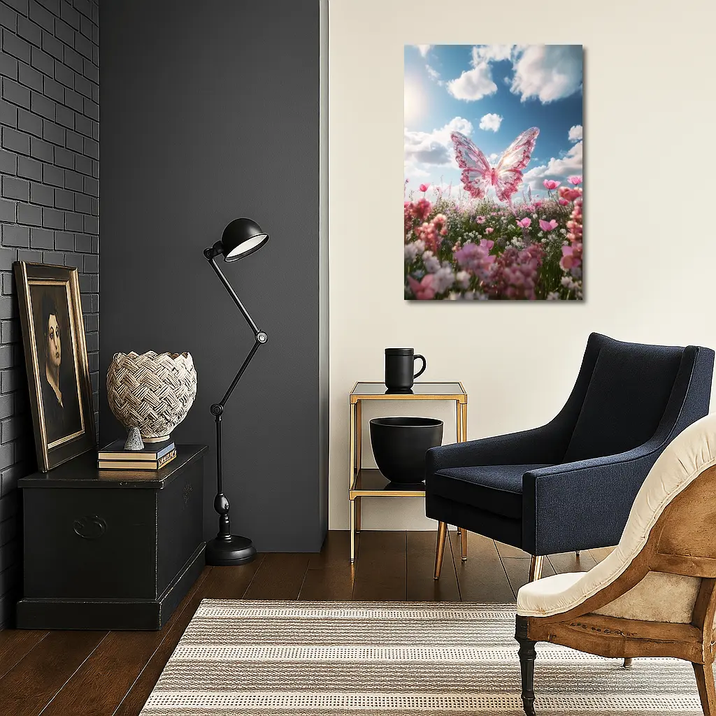 Crystal Butterfly Pink Flowers Blue Sky – Wall Art