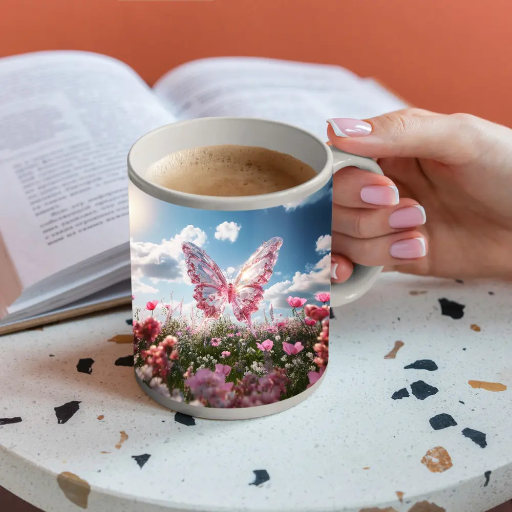 Crystal Butterfly Pink Flowers Blue Sky – Mugs