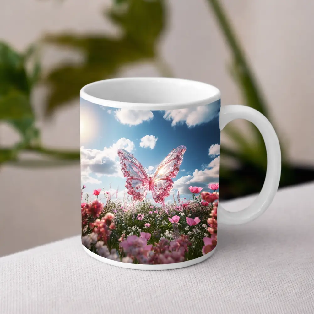 Crystal Butterfly Pink Flowers Blue Sky – Mugs