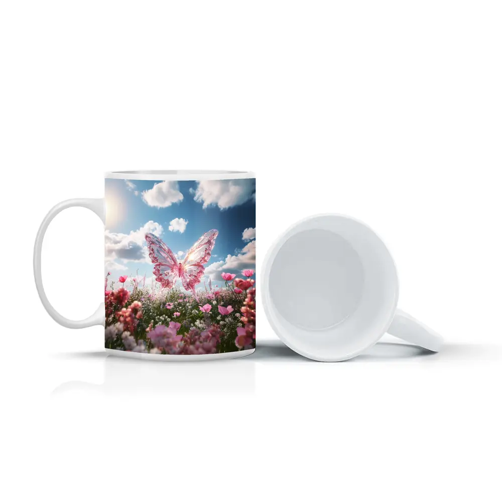 Crystal Butterfly Pink Flowers Blue Sky – Mugs