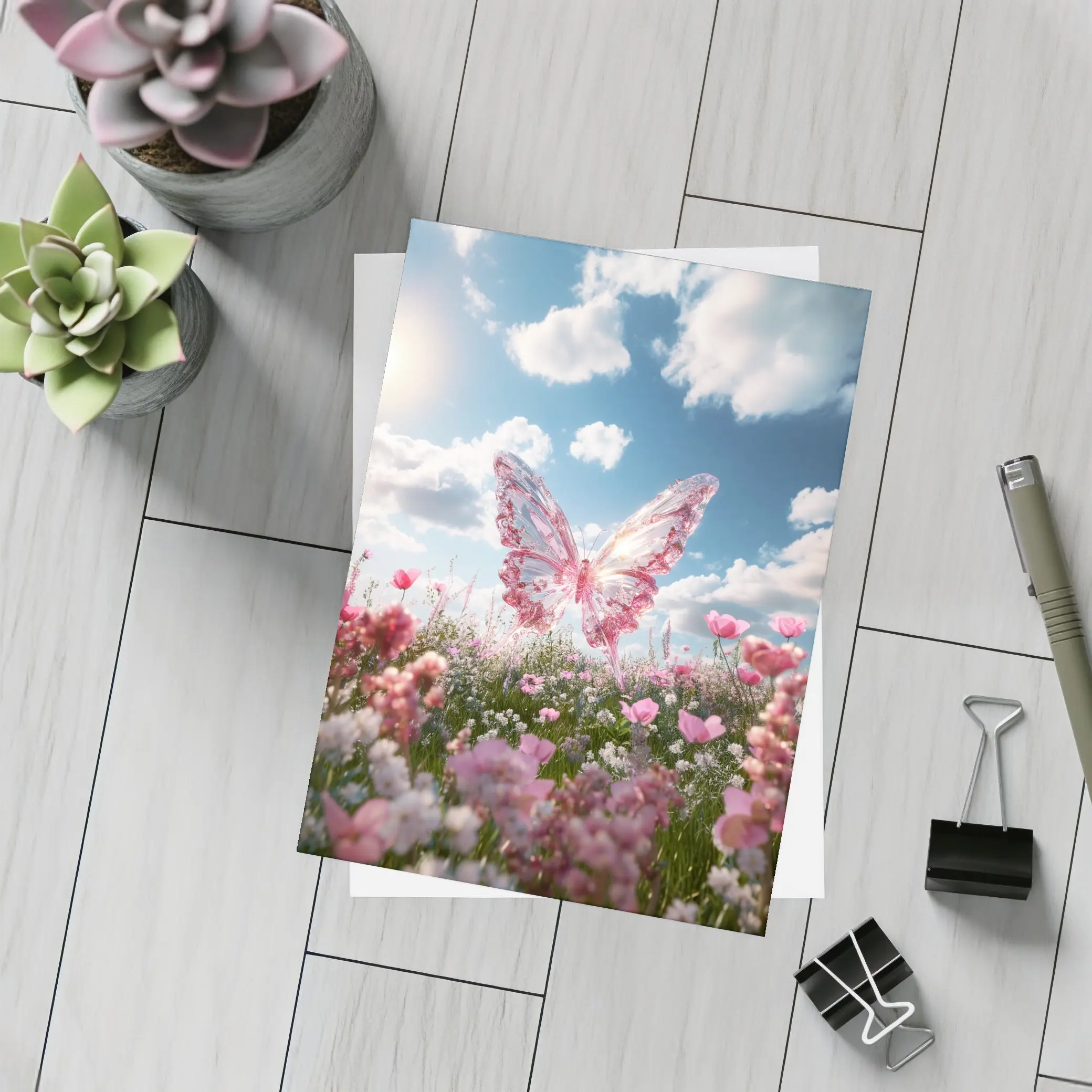 Crystal Butterfly Pink Flowers Blue Sky – Postcards