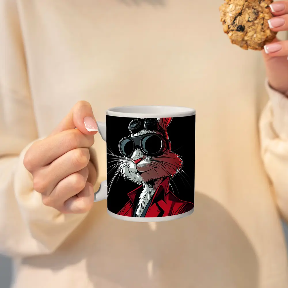 Cool Rabbit Red Suit Black Background Art – Mugs