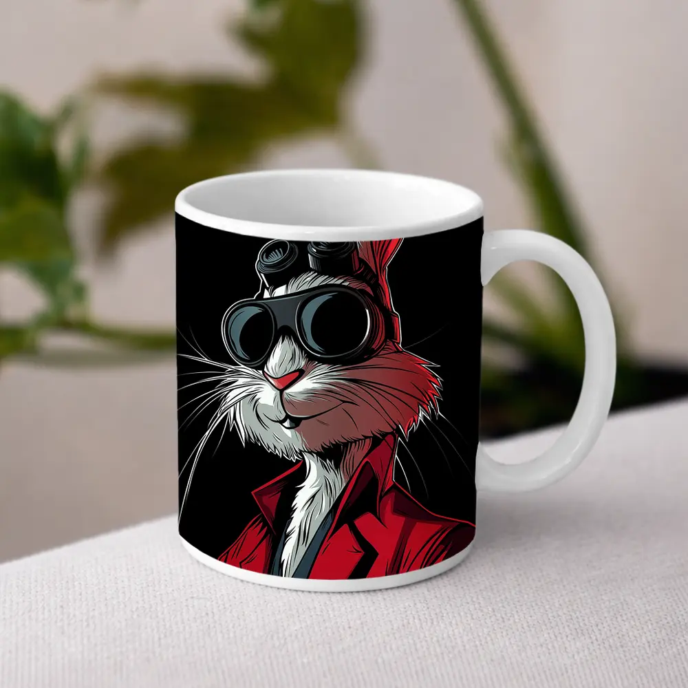 Cool Rabbit Red Suit Black Background Art – Mugs