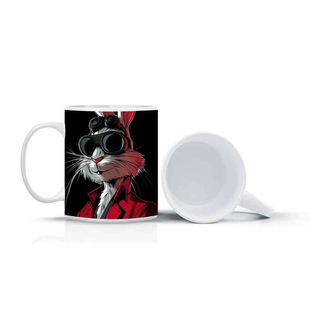 Cool Rabbit Red Suit Black Background Art – Mugs