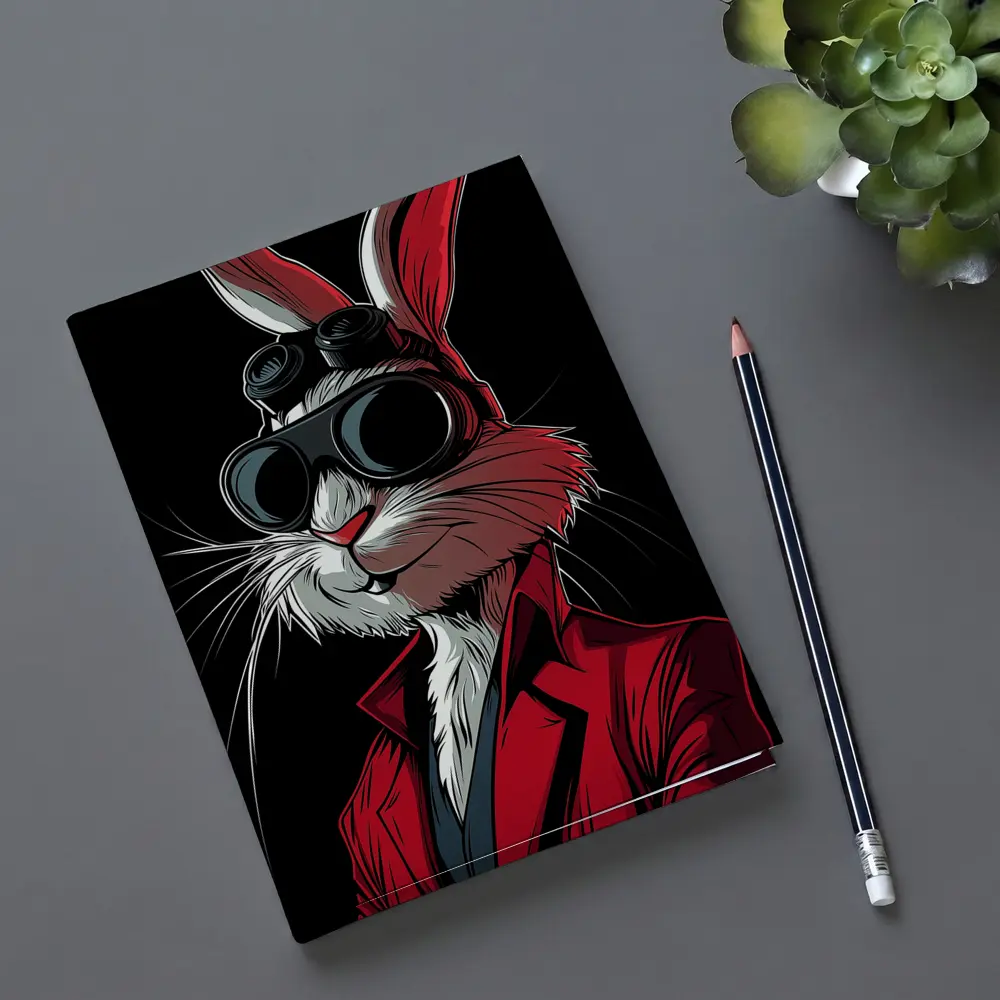 Cool Rabbit Red Suit Black Background Art – Notebooks