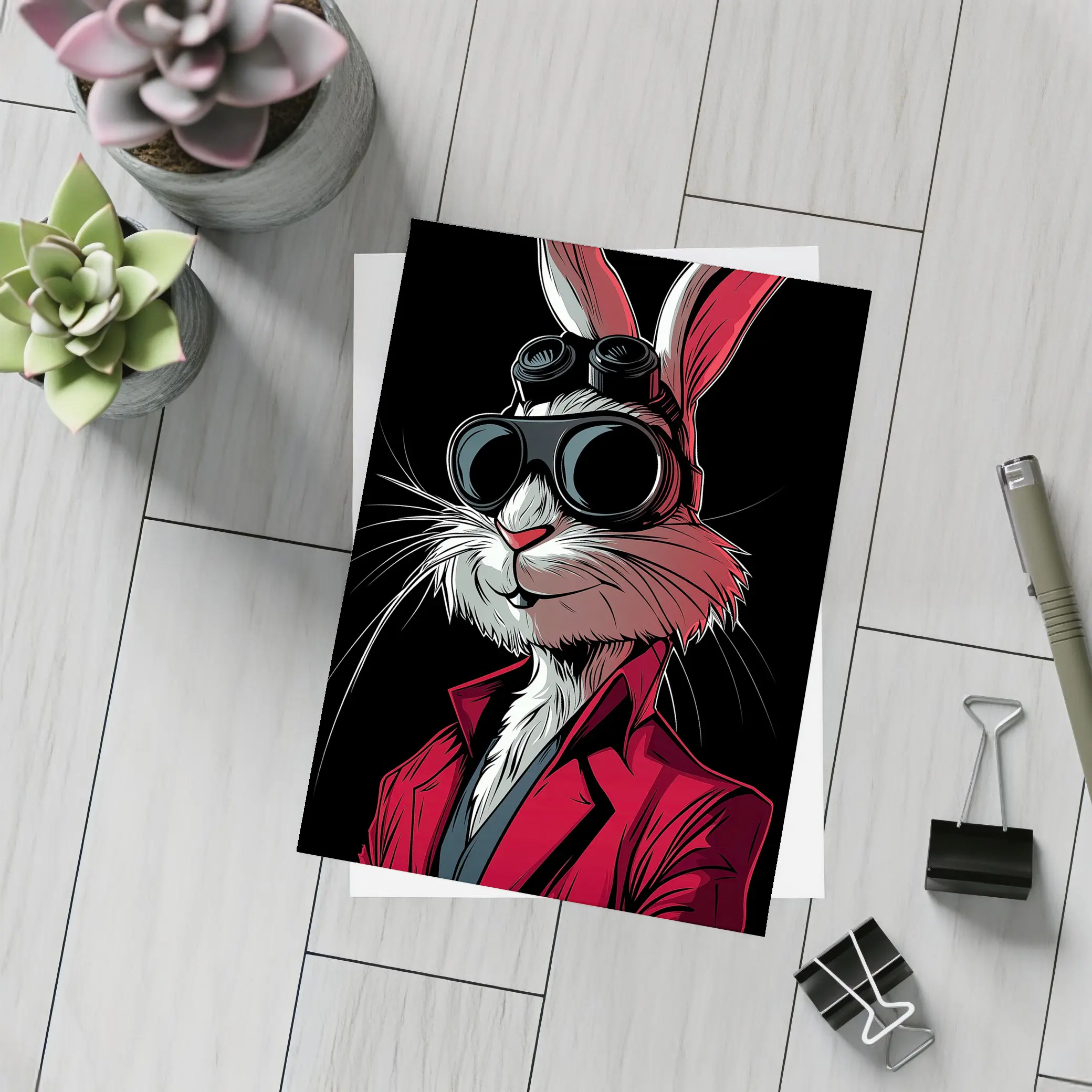 Cool Rabbit Red Suit Black Background Art – Postcards