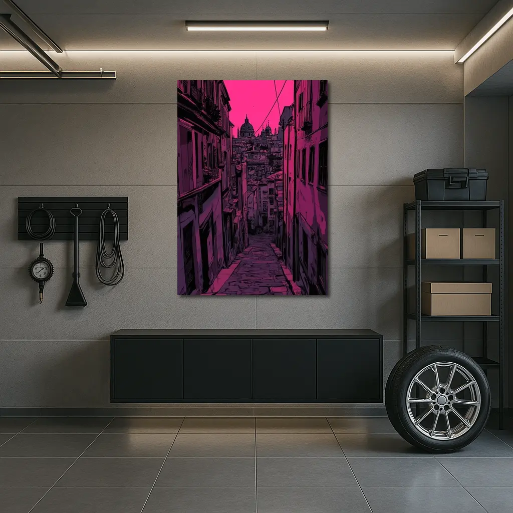 Narrow Alley Pink Sky European City Art – Wall Art
