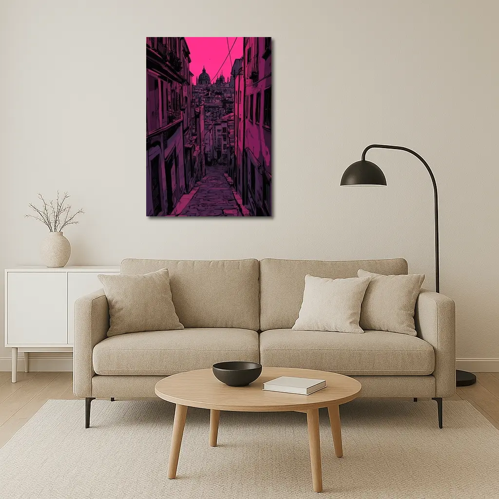 Narrow Alley Pink Sky European City Art – Wall Art