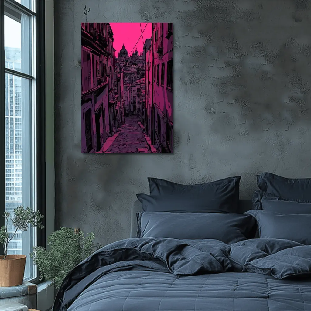Narrow Alley Pink Sky European City Art – Wall Art