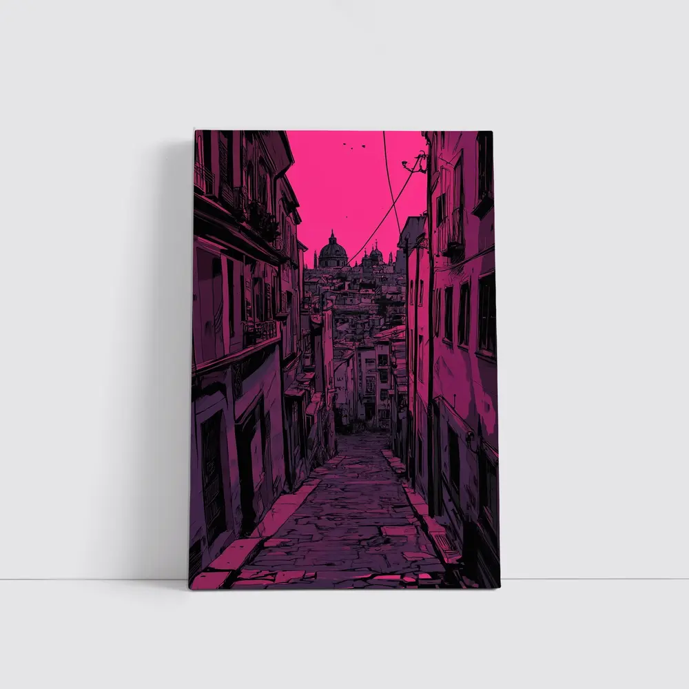 Narrow Alley Pink Sky European City Art – Wall Art