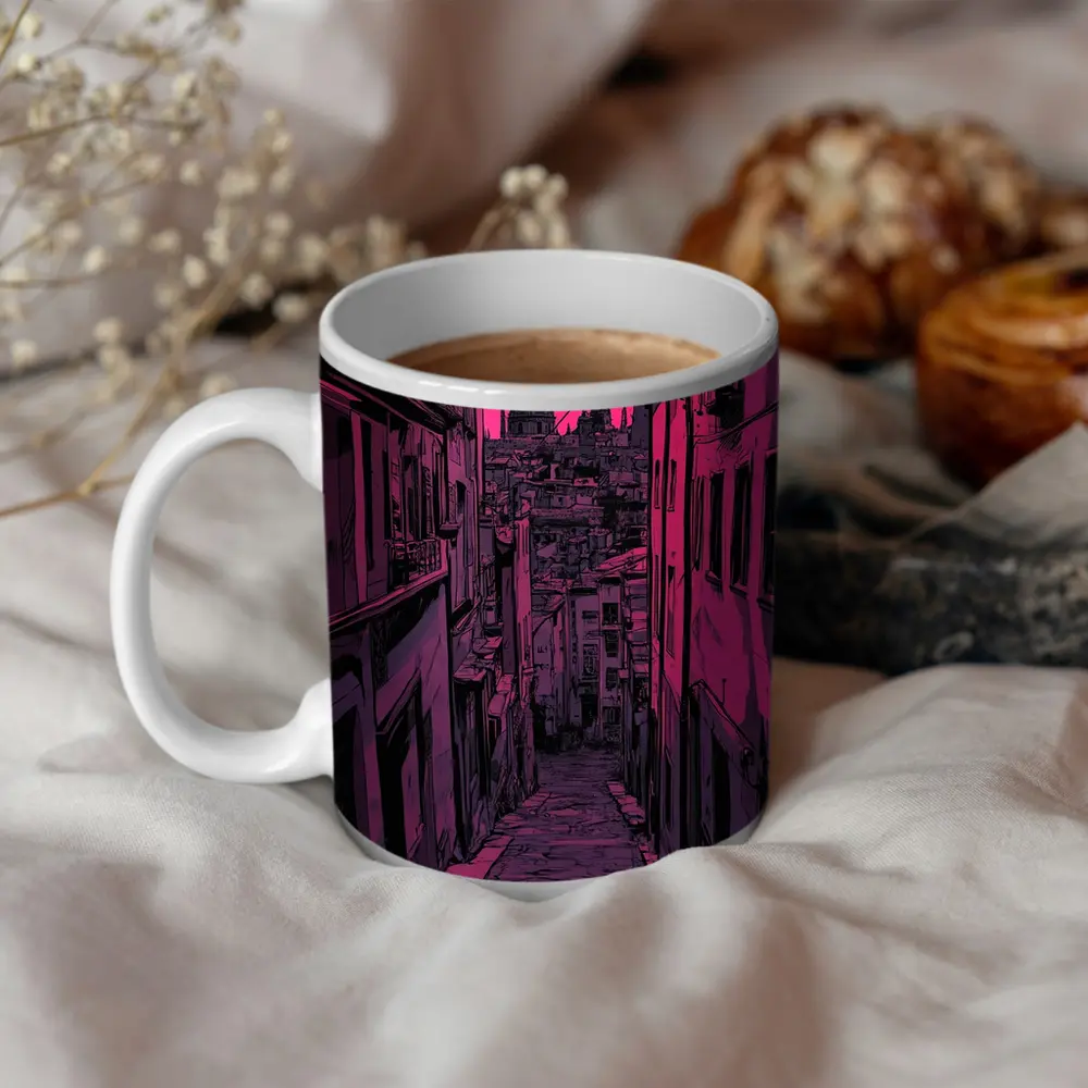 Narrow Alley Pink Sky European City Art – Mugs