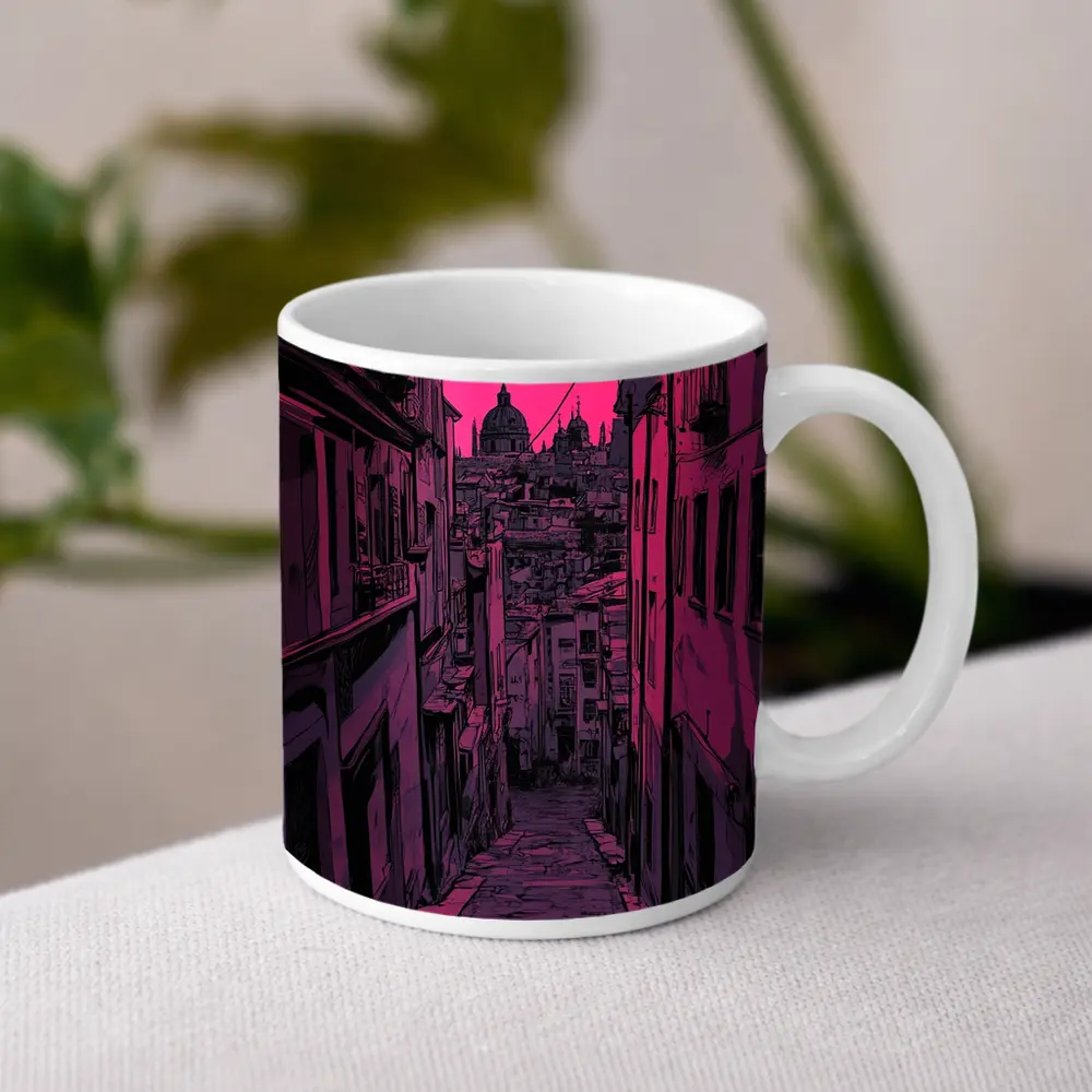 Narrow Alley Pink Sky European City Art – Mugs