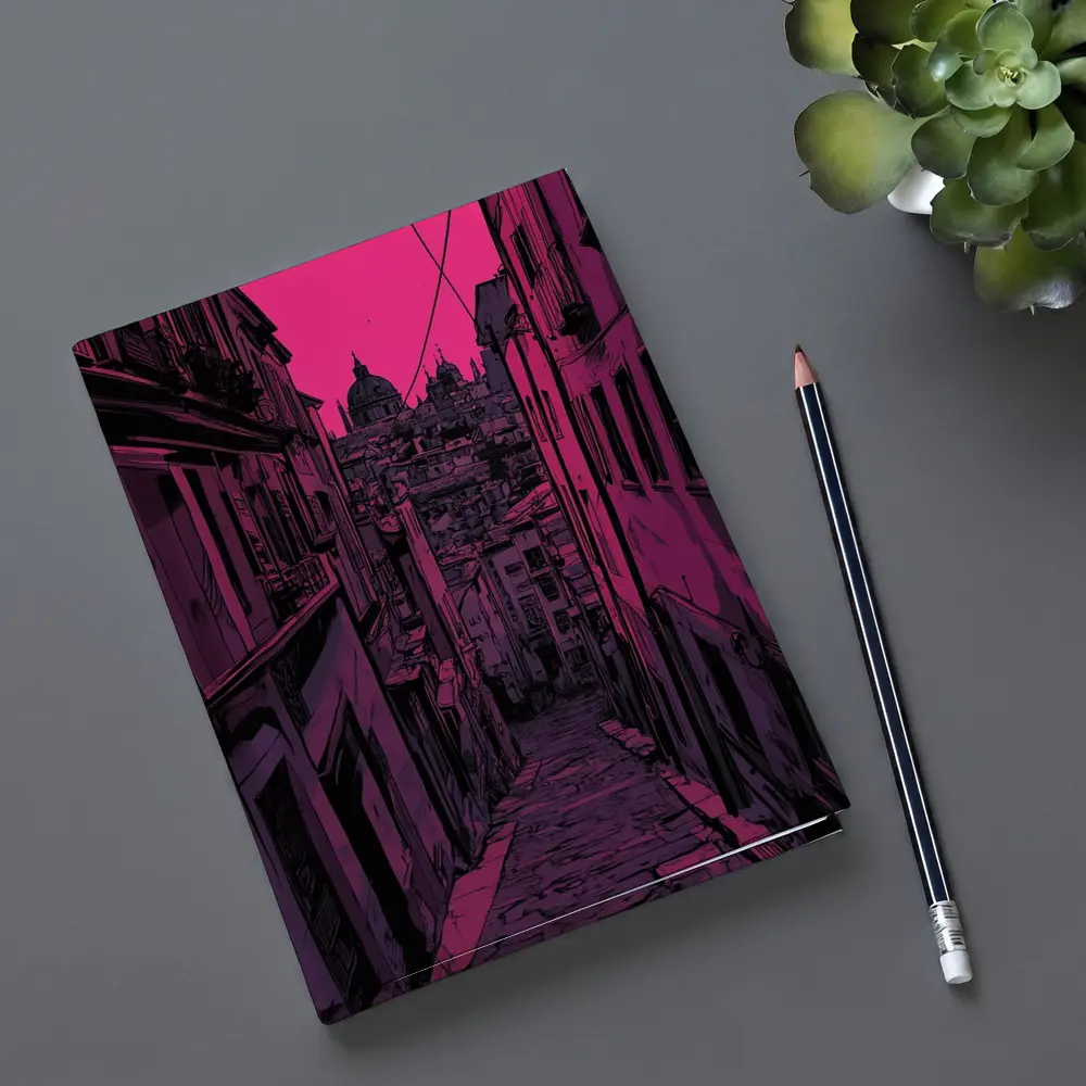 Narrow Alley Pink Sky European City Art – Notebooks