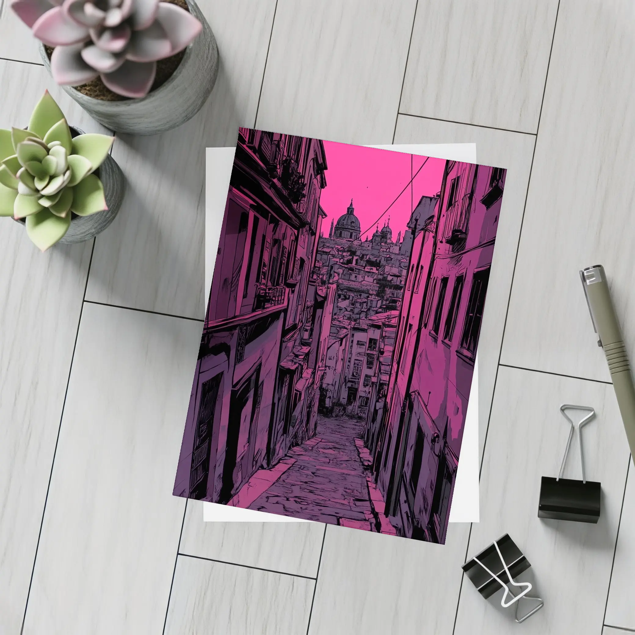 Narrow Alley Pink Sky European City Art – Postcards