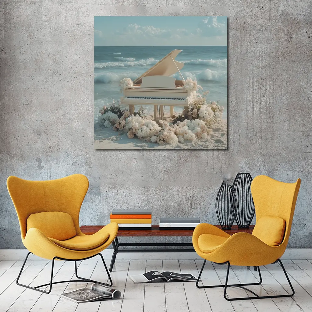 White Grand Piano Beach Ocean Floral Scene – Wall Art